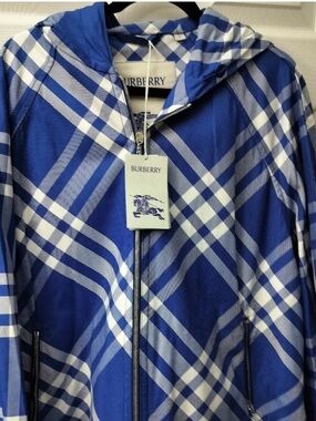 NWT-Burberry Blue and White Plaid Zip Hoodie Jacket